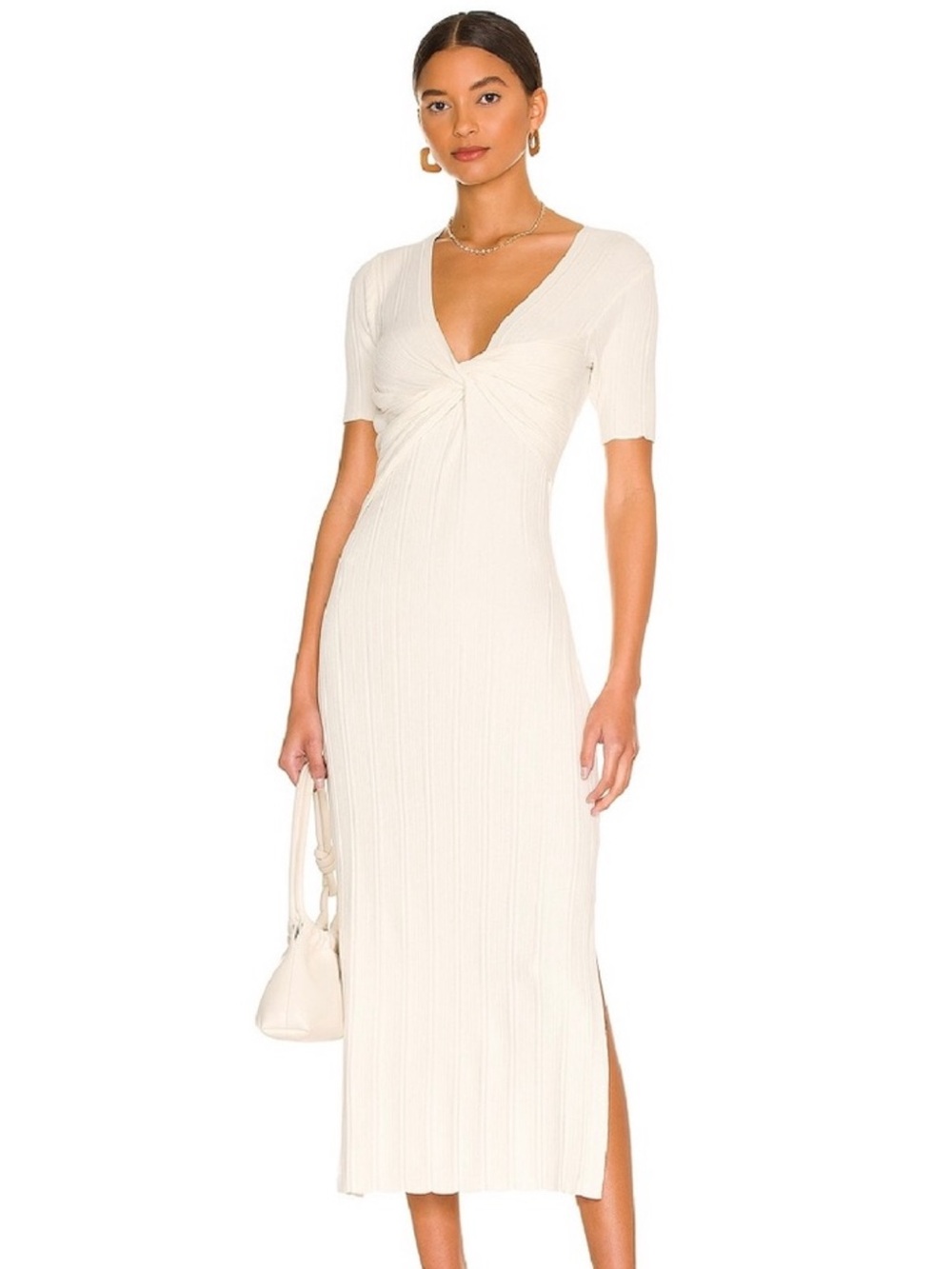 FRAME REVOLVE BEIGE TWIST-FRONT RIBBED MIDI DRESS